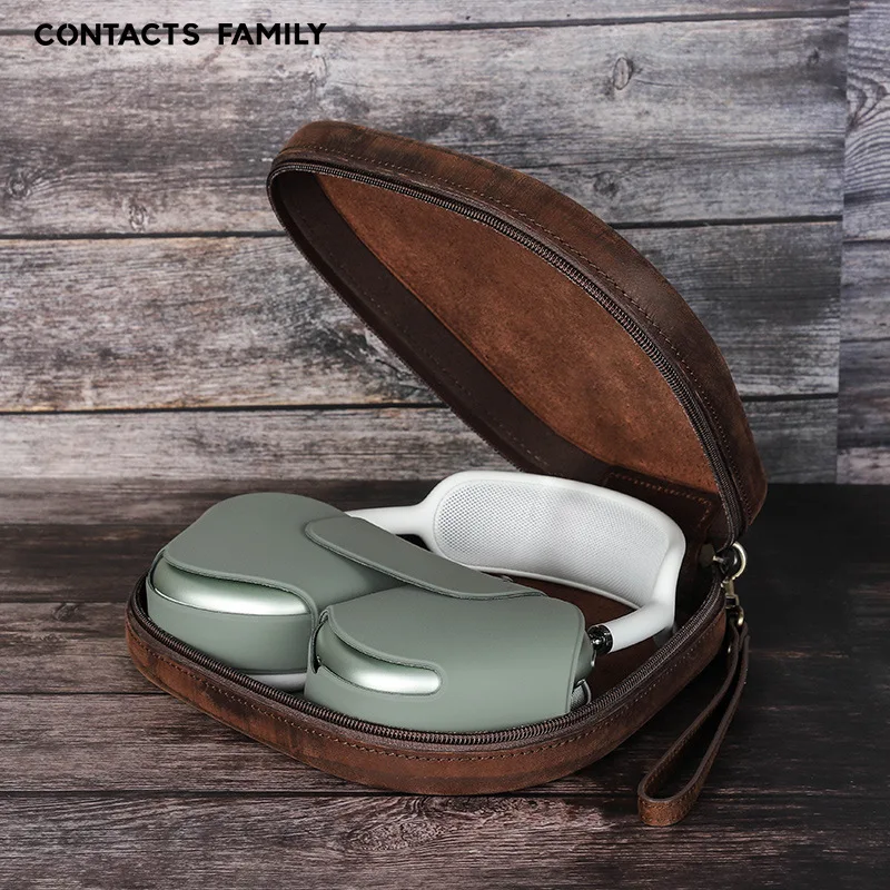 Leather Headset Cover with Wrist Strap Zipper Compatible with Apple Headwear Durable Protective Case for AirPod