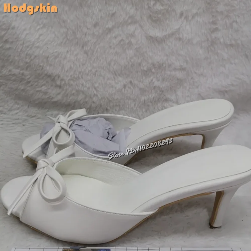 White Butterfly-knot Stiletto Slippers Solid Shallow Round Toe Thin High Heel Pull on Sandals 2024 New Summer Women Sweet Shoes