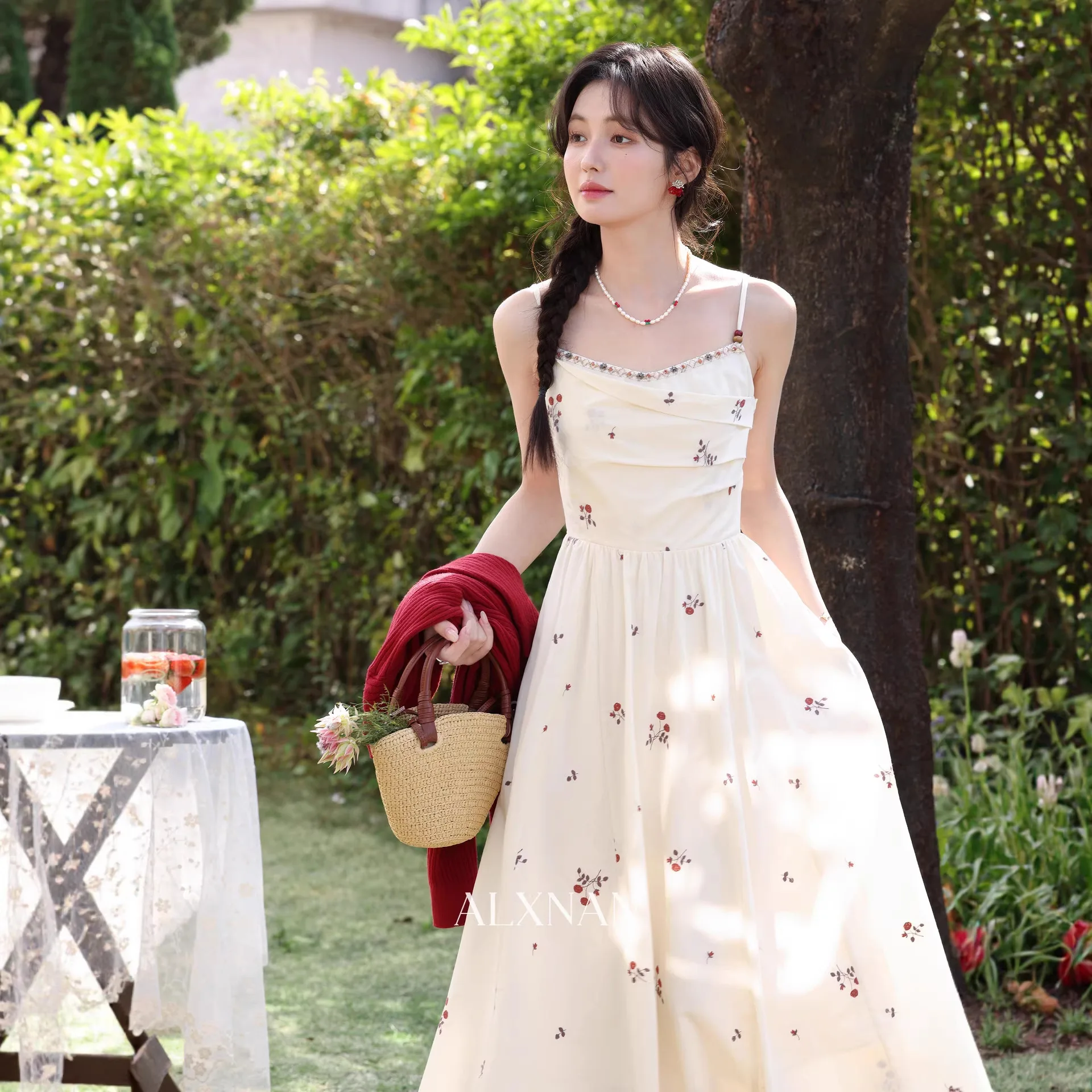 

Women's Apricot French Style Elegant Embroidered Floral Dress, Spring Summer Waist-Fitted Long Slip Dress