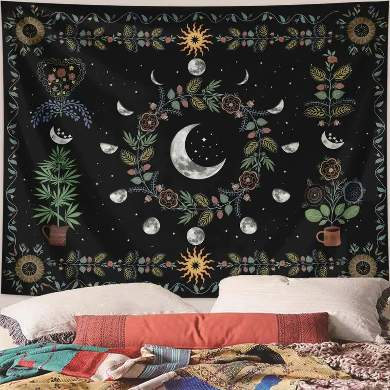 VIKAMA Full Moon Moon Phase Flower Plant Tapestry, Enchanted Wall Art Background Cloth for Nature-Inspired Aesthetic Decor