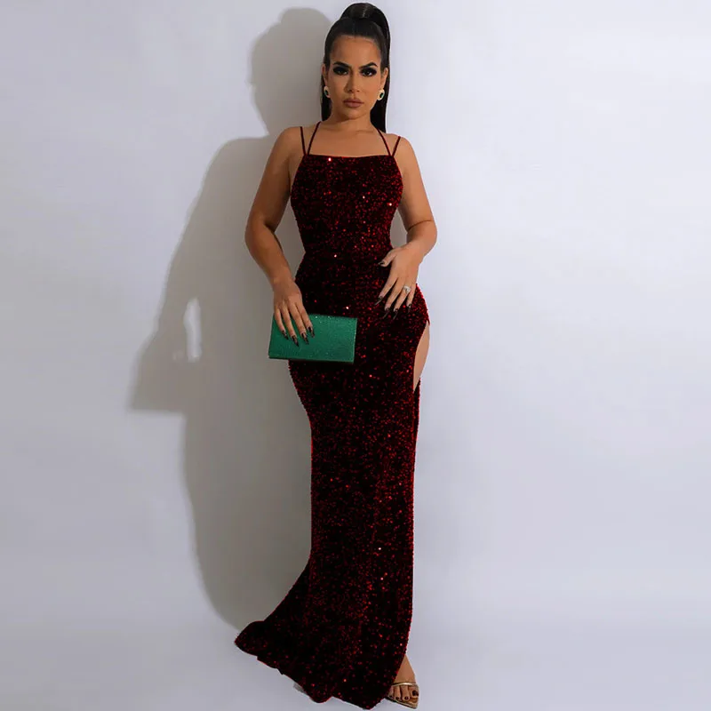 

Sexy Sparkly Sequins Maxi Dress for Women Party Night Backless Evening Dresses Elegant High Split Bodycon Long Dress Club Gown