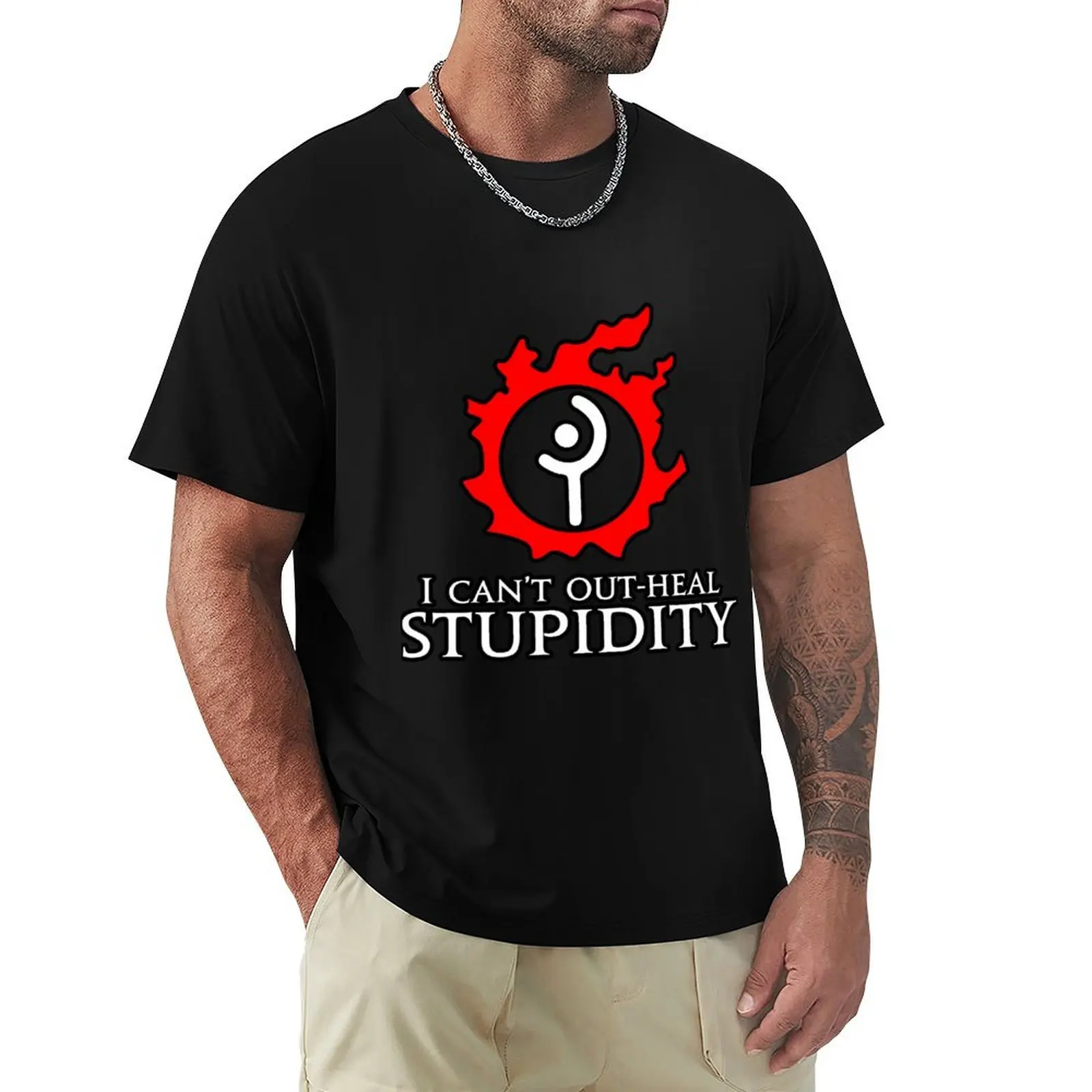 I can't Out-heal Stupidity - Funny White Mage Healers MMORPG meme T-Shirt Sweat Absorbing Sports Tee Shirt