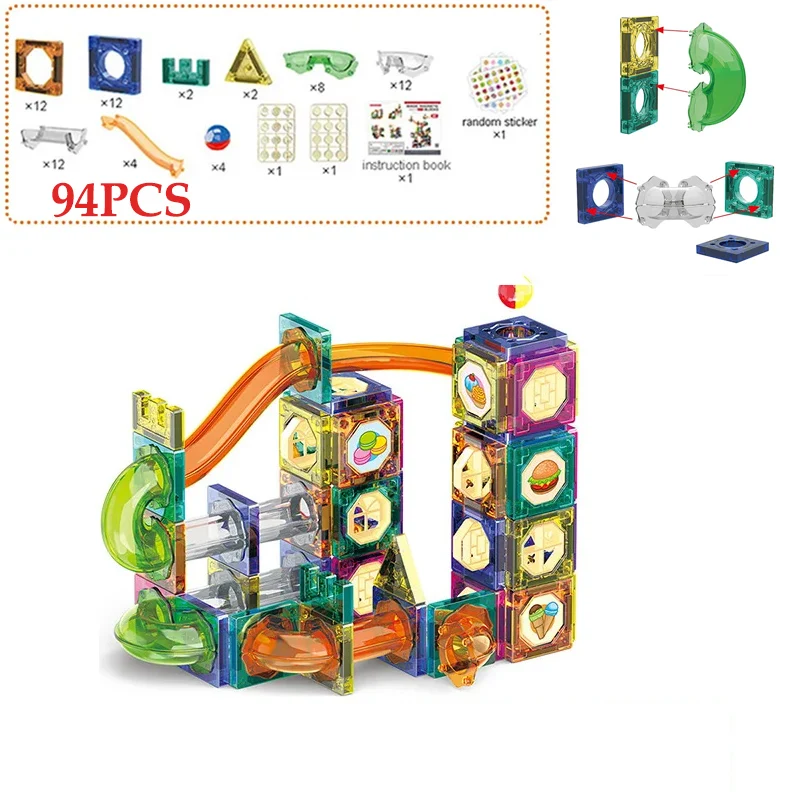94 قطعة كرات شلال المسار المغناطيسي اللبنات مجموعة DIY بها بنفسك اللون واضح الأنابيب الجمعية خط أنابيب الطوب لعب التعليم هدايا الاطفال