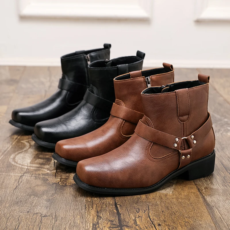 Men's Leather Side Zipper Western Cowboy Boots New Retro Men Short Boots Lightweight Comfort Outdoors Botas Hombre Large Size 48
