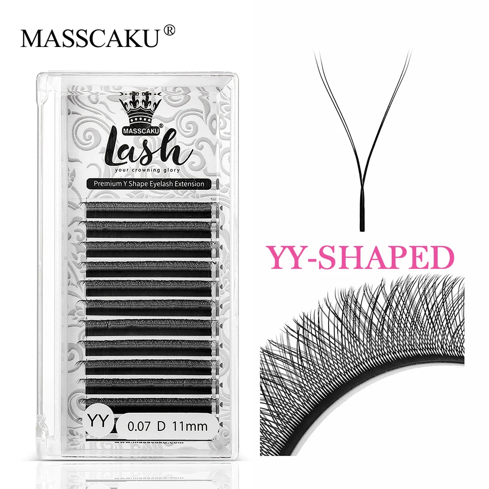 MASSCAKU Hot Selling Natural Premade Volume Fans Lash Hand-woven Russian Cilia Black Double Tips YY Shape Eyelashes Extensions