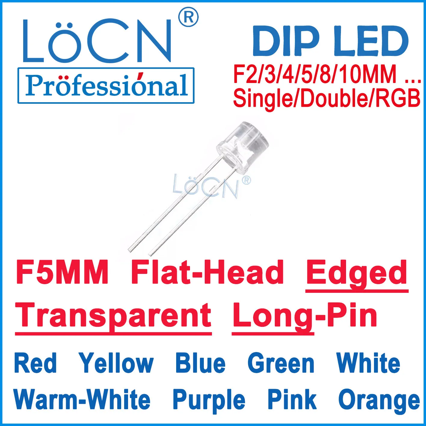LoCN 1000개 LED 다이오드 5MM F5 플랫 헤드 상단 가장자리 빨간색 노란색 파란색 녹색 따뜻한 흰색 보라색 분홍색 주황색 긴 핀 투명