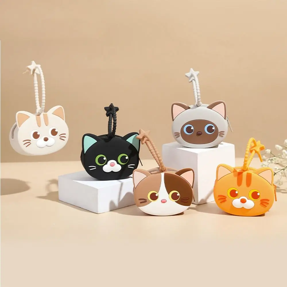 Porte-monnaie en silicone de dessin animé solide portable pour hommes, mini sac de rangement pour écouteurs, portefeuille chat mignon, sac de rangement pour câble de données INS