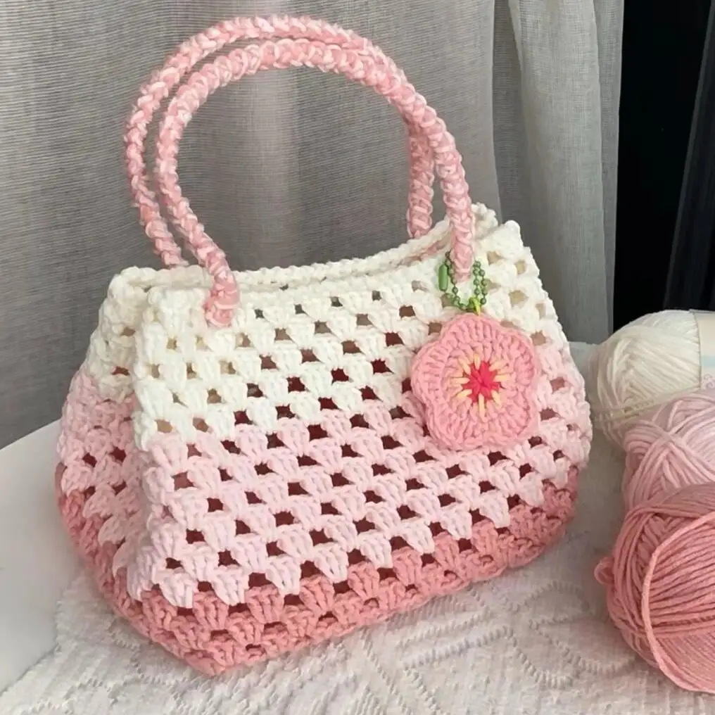 【DIY Materials Package】Handmade Woven Bag with Crochet Tutorial Knitting Yarn Hand Made Crossbody Rose Bag Friend Birthday Gift
