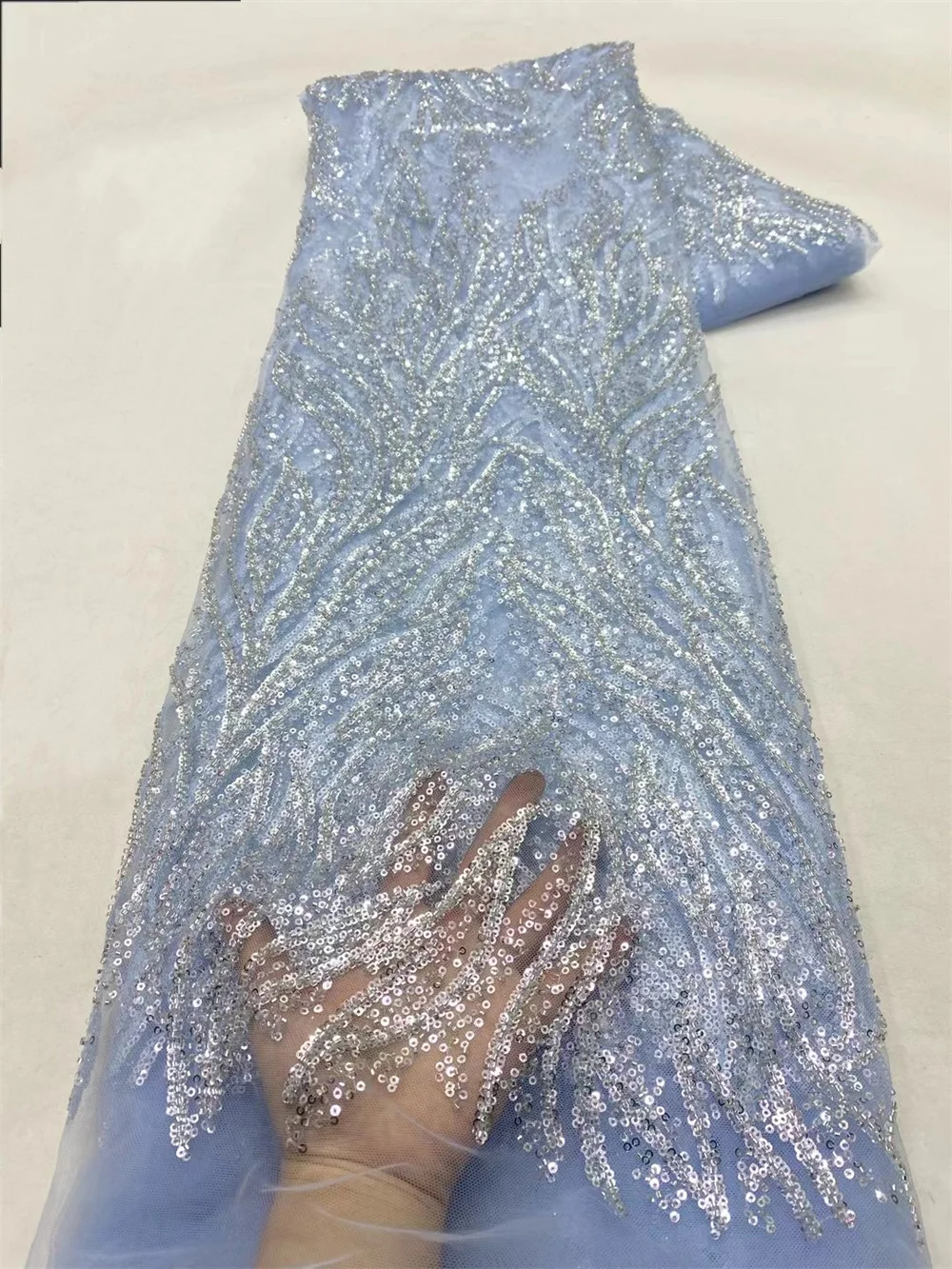 

High-End Handmade Beaded Lace Fabric Sky Blue Embroidery French Lace Wedding Dress Embroidered Aqua Tulle Fabric 5 Yards Wp616-3