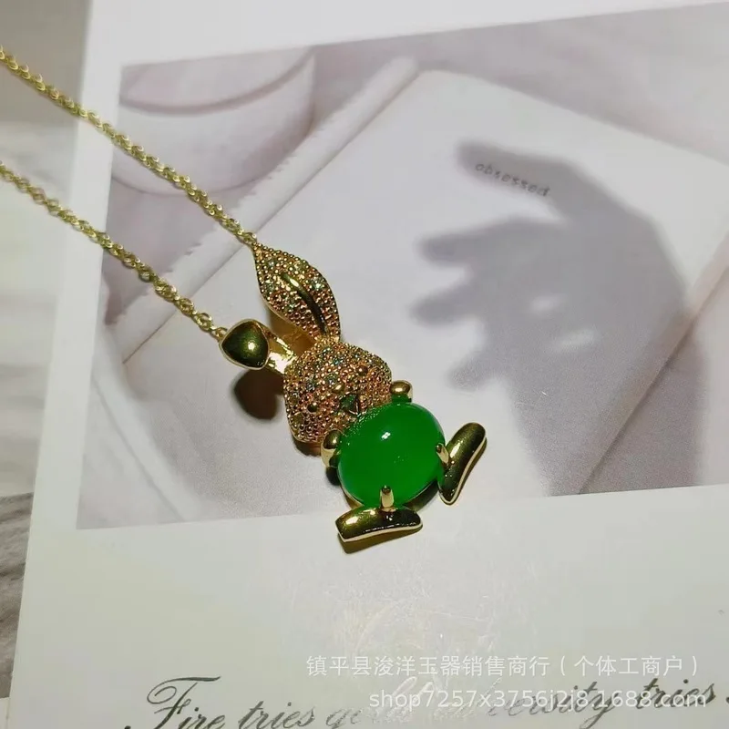 High-quality silver-plated pendant with green chalcedony, featuring a little rabbit, goldfish, apple, swan, agate, and jadeite