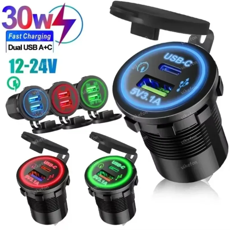 Universal Motorrad Auto Ladegerät Für Auto Lkw ATV Boot LED Licht USB TYPE-C Ladegerät Steckdose Zigarette Wasserdichte Licht