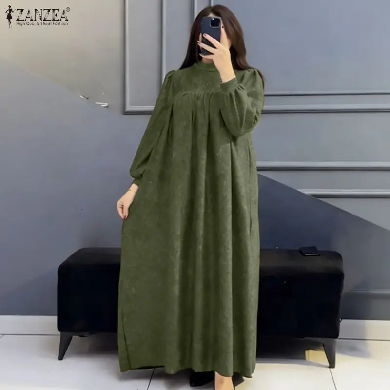 2026 ZANZEA Damen Vintage Lange Hemdkleider Stehkragen Einfarbig Maxi Vestidos Mode Langarm Lässige Lose Streetwear Robe