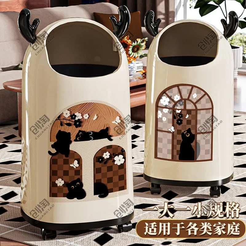Medieval Style Trash Can Large Capacity Waste Bin with Wheels for Bedroom Living Room Household Garbage Storage Bucket