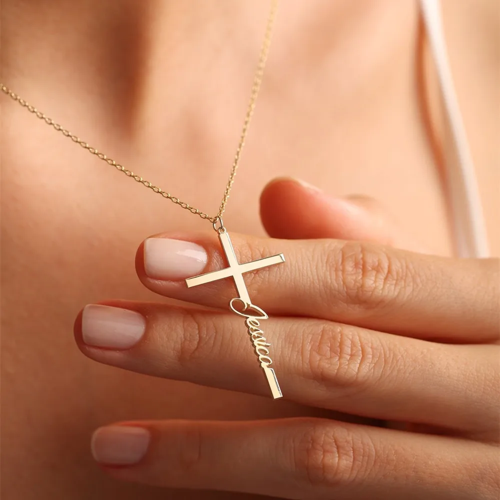 

Крестообразное ожерелье с именем, персонализированный подарок для неё, колье-чокер из нержавеющей стали