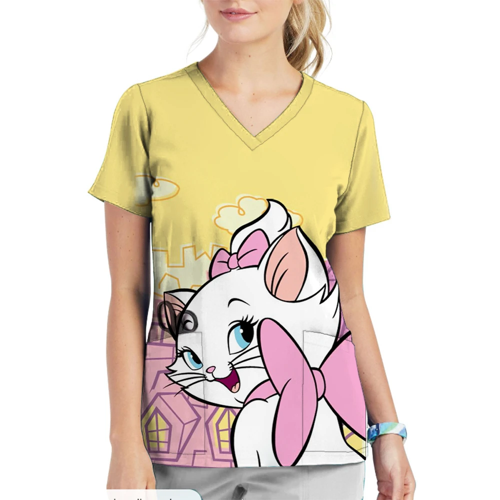 Disney Mary Cat Print Nurse Medical Operating Room Doctor Nursing Uniform Pet Hospital Clothing Scrubs Short-sleeved Top