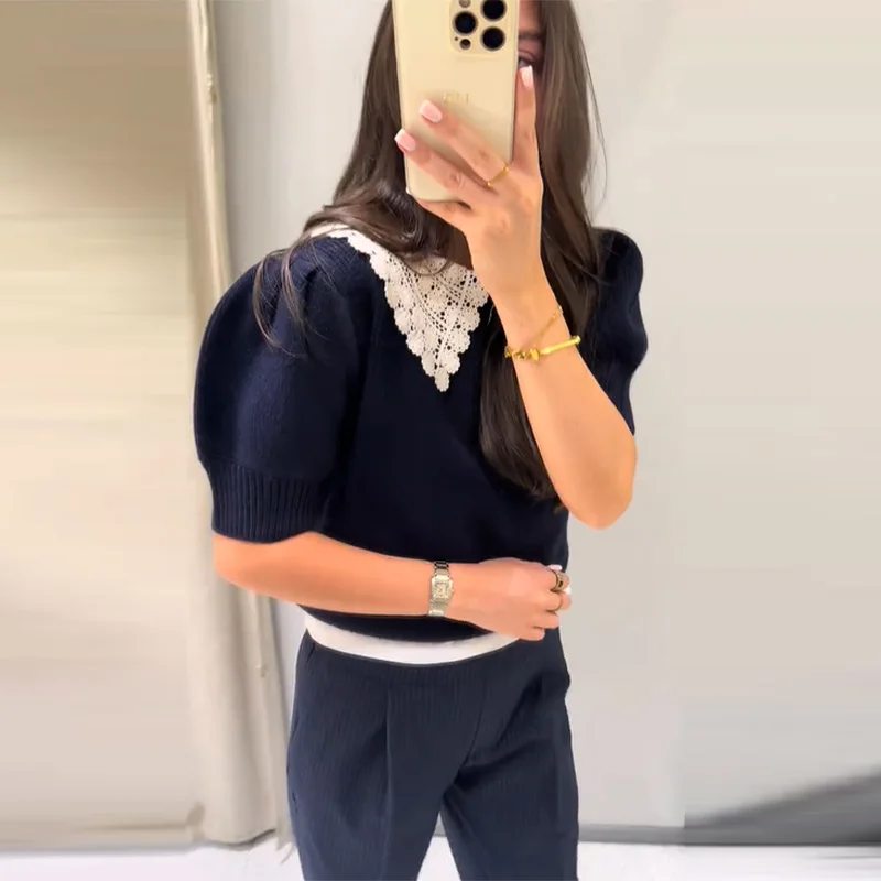 Casual Navy Blue Women's Knitted Top Doll Collar Short Sleeve Pullover 2025 New Slim Cropped Knitwears Fashion Autumn Lady Tops