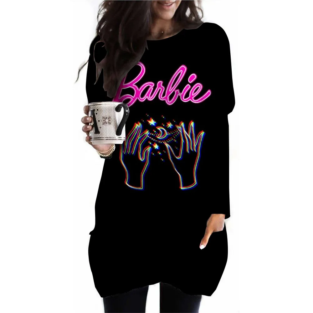 new European and American women\'s long sleeved round neck casual printed Pocket T-shirt top Barbie Princess Printed Autumn Top