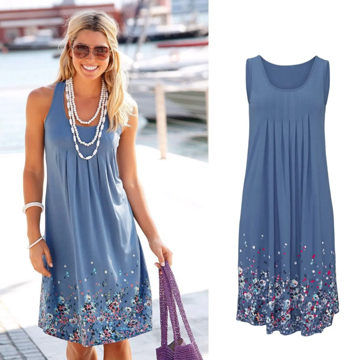 

Summer Women's Dress O-neck Fashion Flower Print Sleeveless Loose Vacation Beach Mini Vest Skirt