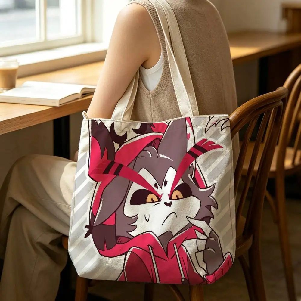 Husk Hazbin Hotel Graphic Tote Bag for Women Reusable Shopping Tote Bag Zippered Shoulder Bags Print