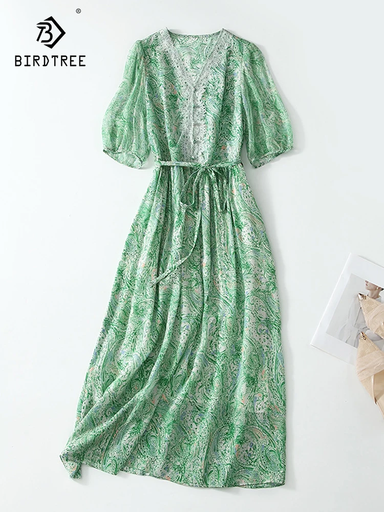 

Birdtree 100%Mulberry Silk Green Print Dress 2023 Summer Elegant Dresses For Women V-neck Lace Patchwork Vintage Dress D38121QC