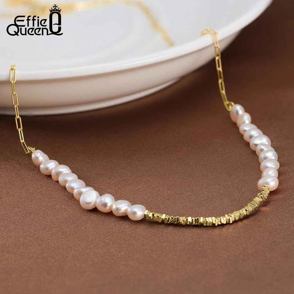 EFFIE QUEEN 925 Sterling Silver Nugget Chain Necklace for Women Natural Freshwater Pearl Necklace Anniversary Jewelry Gift GPN68