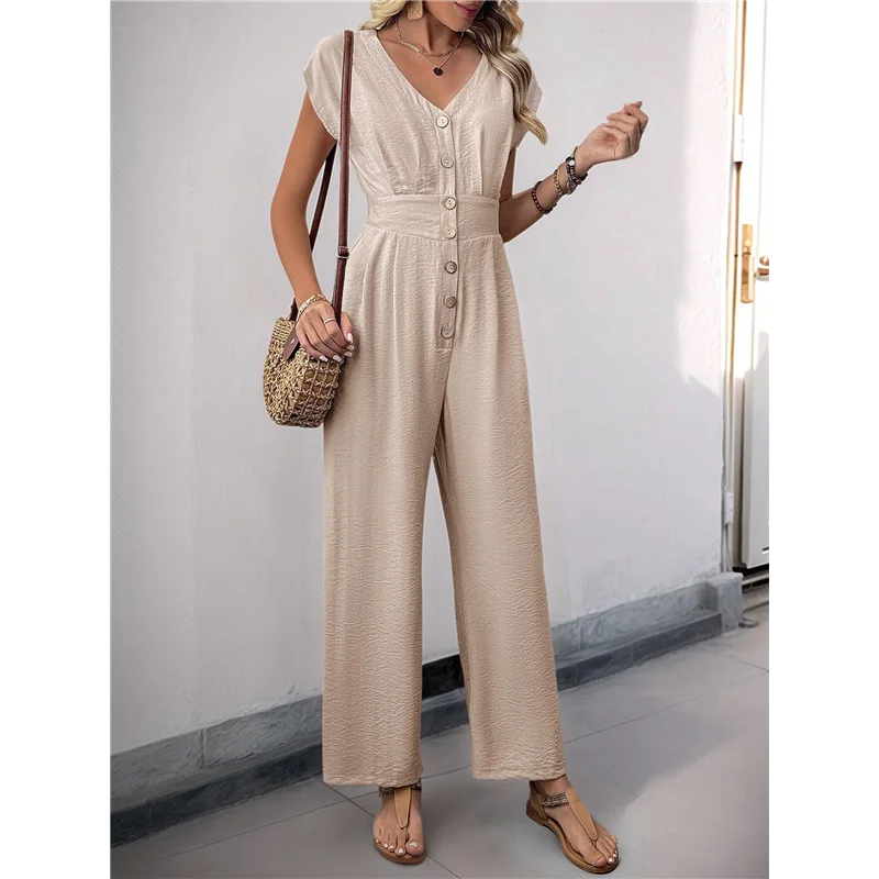 ASDS-レディースジャンプスーツ半袖Vネックファッションカジュアルワイドレッグパンツボディスーツ2025夏服