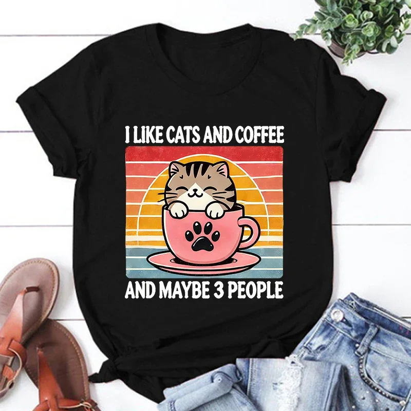 Cat Print Summer T-Shirt Casual round Neck Short Sleeve Fashion Top Unisex I like Cats And Coffee Maybe 3 People Design