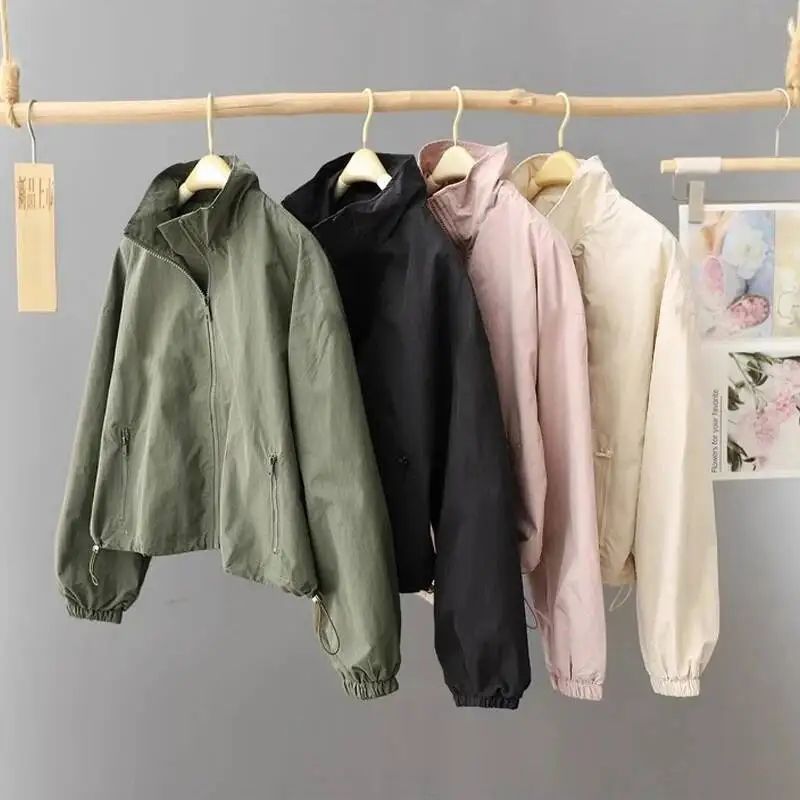 

Spring Autumn Thin Cardigan Jacket Women's 2025 Jackets Zipper Long Sleeve Simple Fashionable Solid High-Necked Female Coat Tops