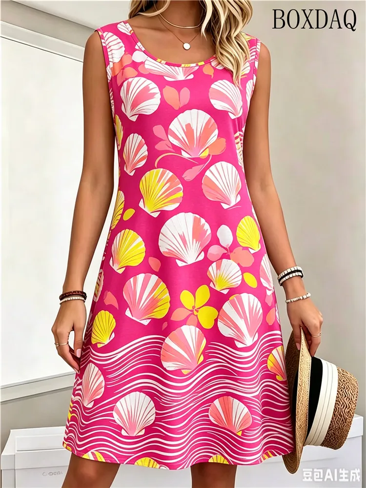 New Women's Summer Dresses Loose Sleeveless Round Neck Shell Pattern Printed Casual Dress