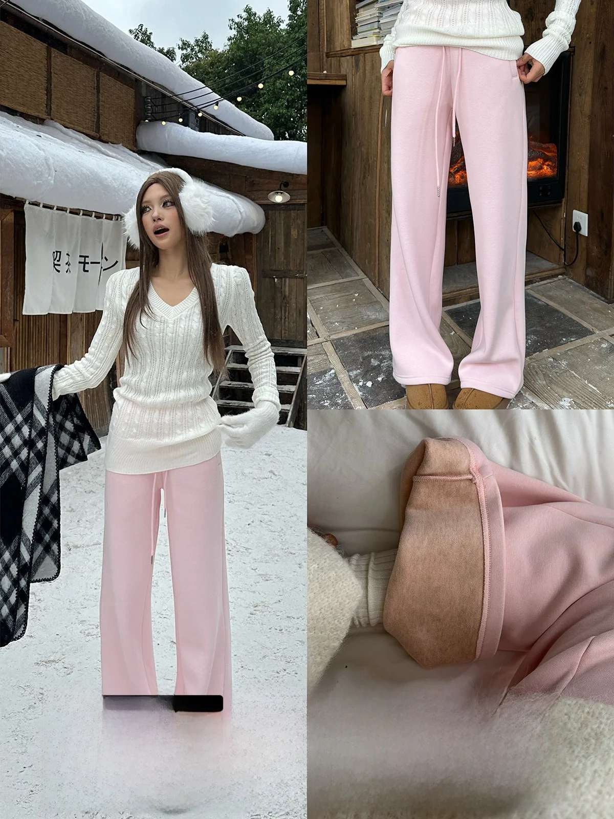 

Розовые повседневные брюки с широкими штанинами на флисовой подкладке, женские, с высокой талией, свободного кроя, осенне-зимние, новинка, GOGOBURN, бестселлер