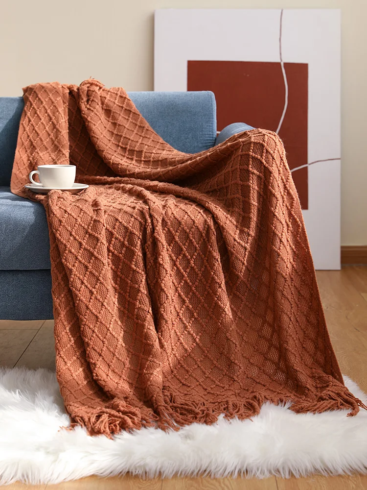 

Brick Red Knitted Sofa Cover Blanket Air Conditioner Cover Cloth Nap Blanket Sofa Throw Nordic Style Pure Color Geometric Pat...