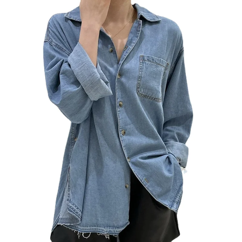 SuperAen Korean Chic Spring Autumn Retro Lapel Button Design Loose Long Sleeved Washed Denim Shirt