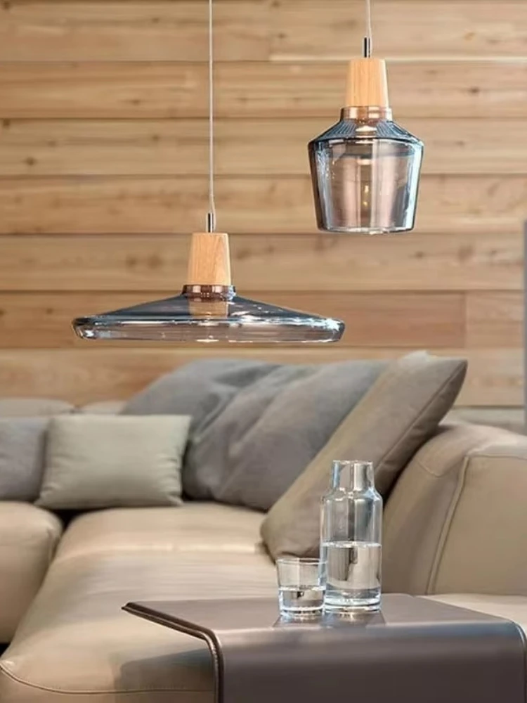 Nordic Style Modern Simple Cognac Smoke Glass Chandelier Solid Wood Light Emitting Diode Restaurant Lighting Chandelier
