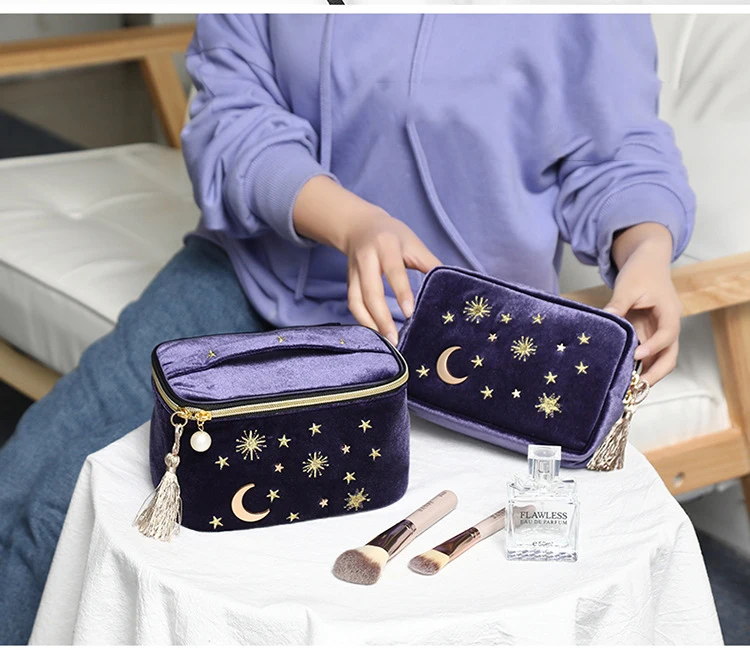 Japanese Style Velvet Cosmetic Bag Large Capacity Portable Lipstick Cosmetic Storage Jewelry Navy Velvet Tassel Cosmetic Bag