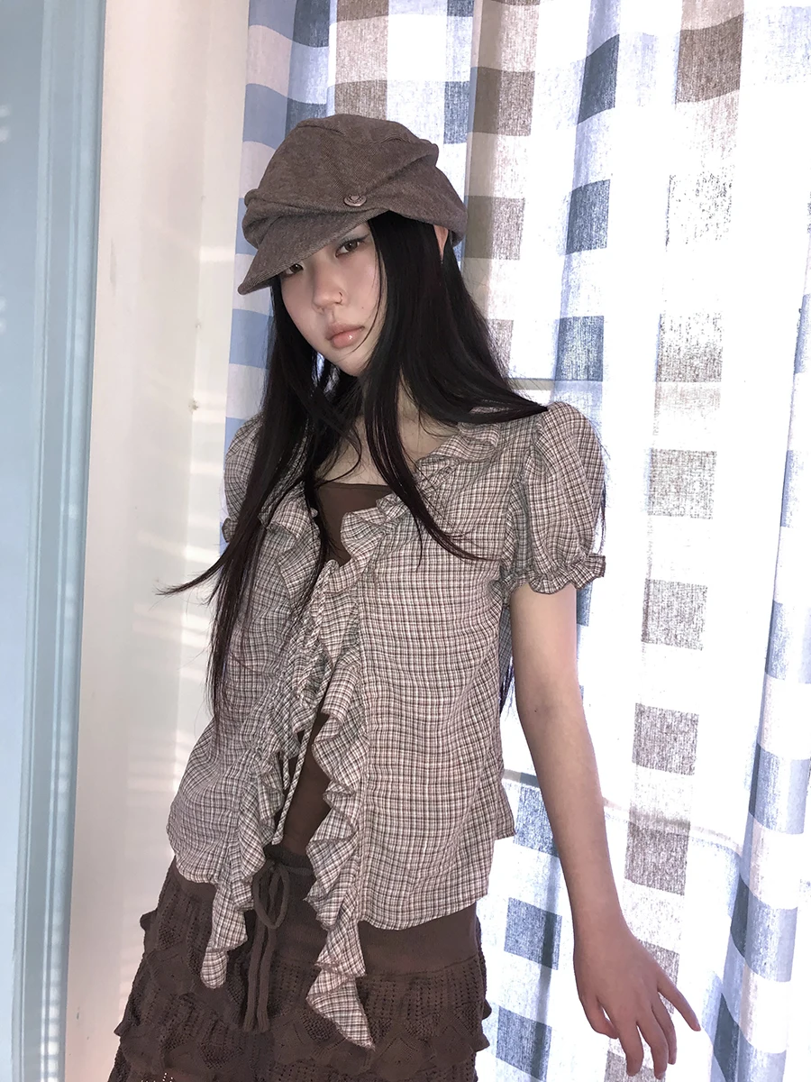 

Angproject Early Spring ey Series Wood ain Tie Dye Splice Fake Two-Piece ort Sve irt Women's Vintage Sle St...