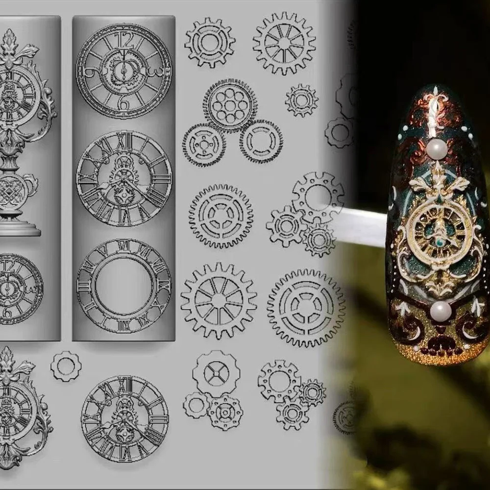 Elegante Barocke Retro-Uhr-Zahnrad-Silikon-3D-Nagelform Transparente Teile Maniküre-Dekoration Stempelwerkzeuge Nagelkunst-Vorlage