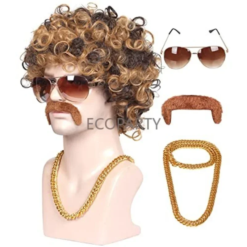 2023 New Color Ground 4-Pieces Chain and Moustache and Short Curly Wig Sunglasses for 70'S Disco Party Brown with Blonde disfraz