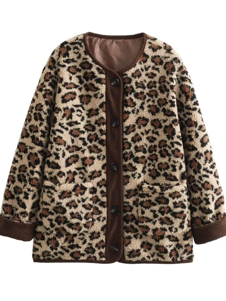 Elegant Contrast Leopard Print Single Breasted Jacket Women Fashion O Neck Long Sleeves Pocket Coat 2024 New Lady Warm Outerwear