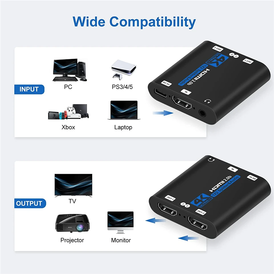 4K HDMI 2.0 Splitter 1x2 1 in 2 out HDR HDMI Amplifier Switch for PS4 Apple TV XBox PS5 - Best HDMI Splitter 2026