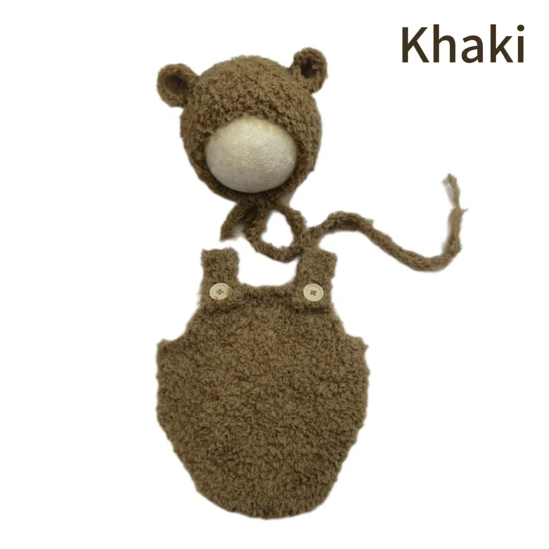 

Newborn photography props coral fleece pants teddy bear hat set for sale