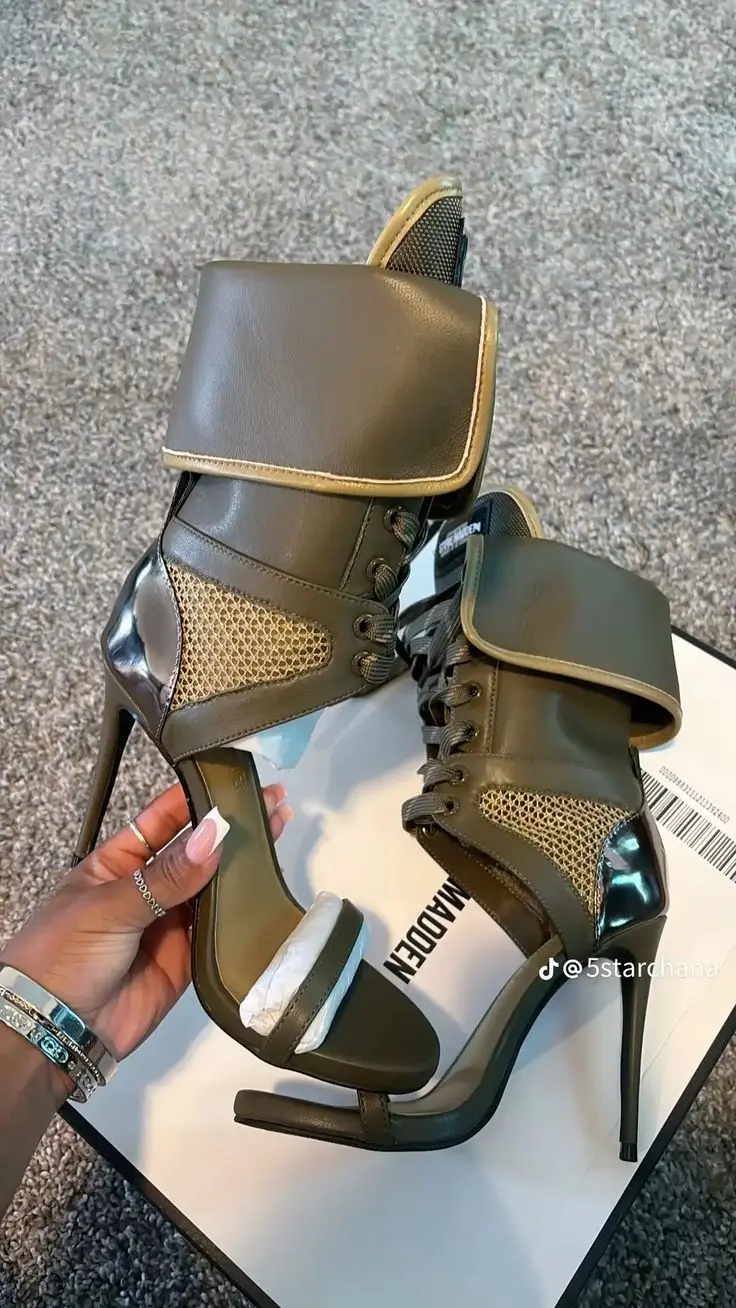 

Lady Green Pu Ace-Up Gladiator Sandals Boots Open Toe Metallic Green Cover Heel Summer Runway Retro Style Boots Lace-Up Pumps 46