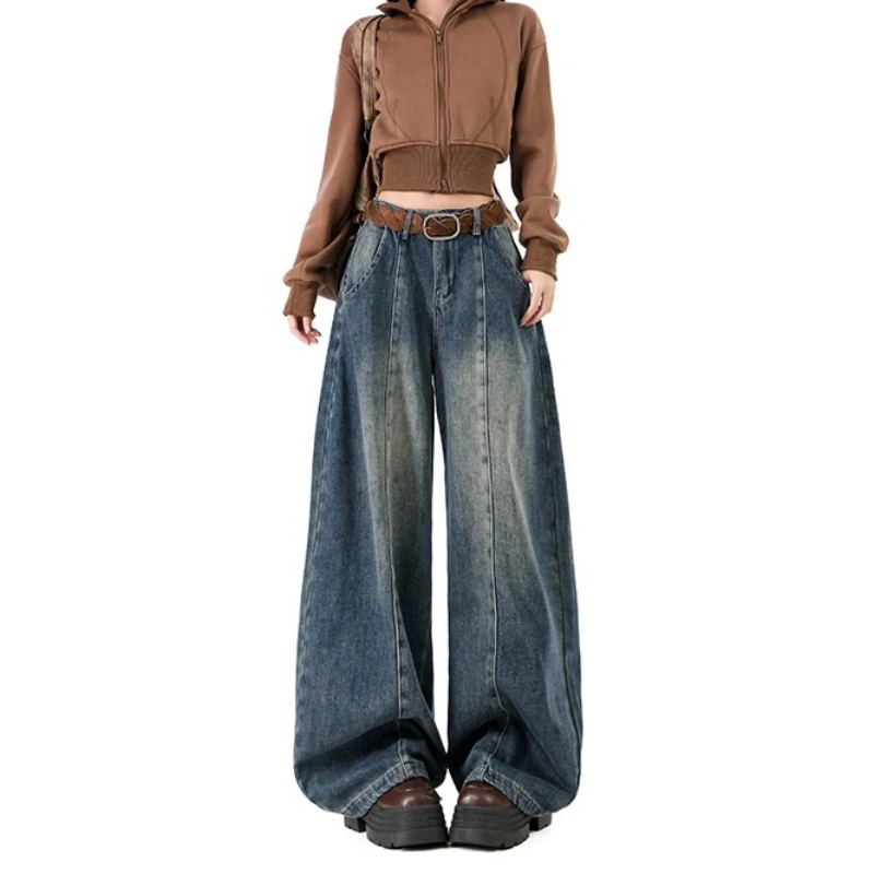 الأمريكية الرجعية أفخم منحني سكين السراويل الخريف الشتاء جديد فضفاض التخسيس المرأة الجينز كسول مستقيم الساق واسعة الساق سراويل جينز #4