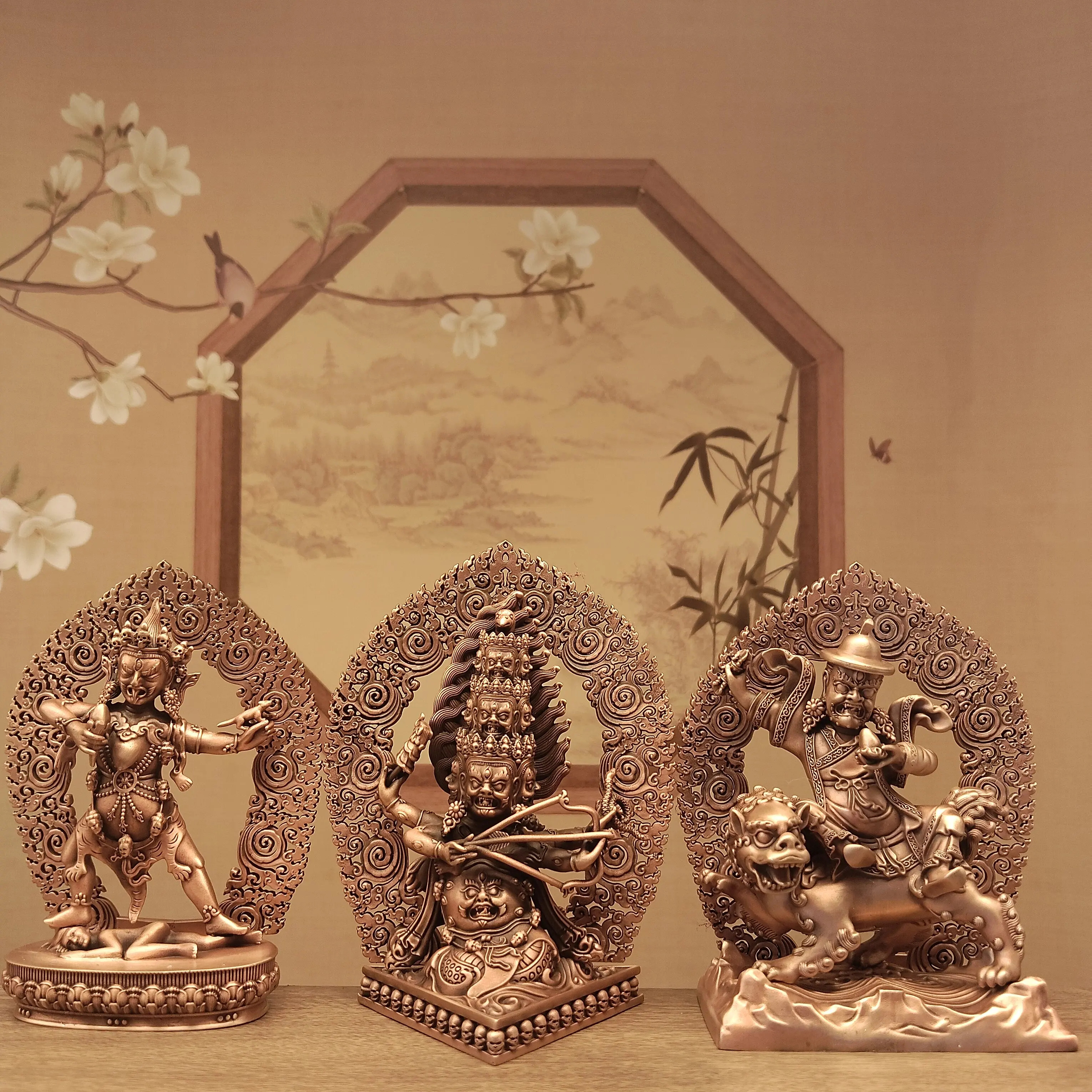 Tibetan Vajrayana Copper Nyingma Three Roots Rahula Damchen Ekajati Protector Statues 10cm Home Blessing