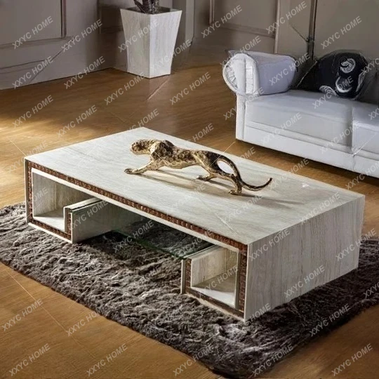 Natural white and yellow travertine marble coffee table TV cabinet combination simple modern rectangular furniture