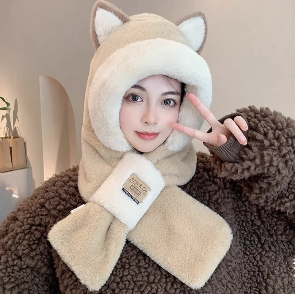 Hat Scarf One Woman Winter All Cute Fluffy Hat Warm Winter Thickened Anti-Freeze Windproof Hooded Bib