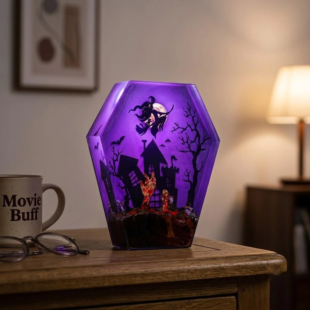 LED Night Light Resin Witch Figurine Polygon Broom Movie Lover Horror Desk Decoration Table Shelf Gift Home Ornament