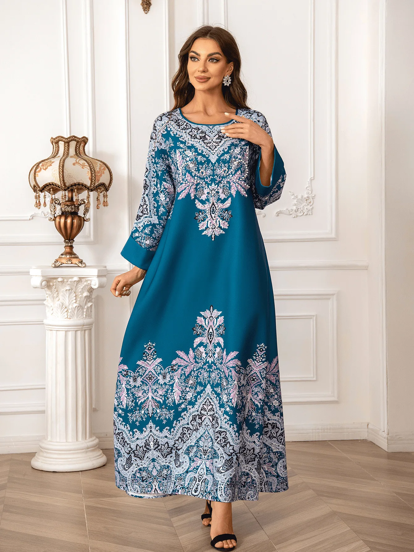 

Eid Muslim Party Dress for Women Floral Print Beading Long Dresses Ramadan Abaya Kaftan Vestidos Largos Dubai Robe Jalabiya 2024