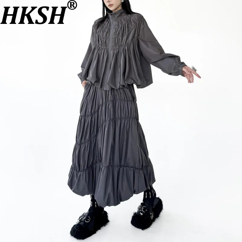 HKSH Women Casual Set Stand Collar Zipper Pleated Shirt Elastic Waisted A-line Skirt Elegant Chic New Spring Autumn 2026 HK19127