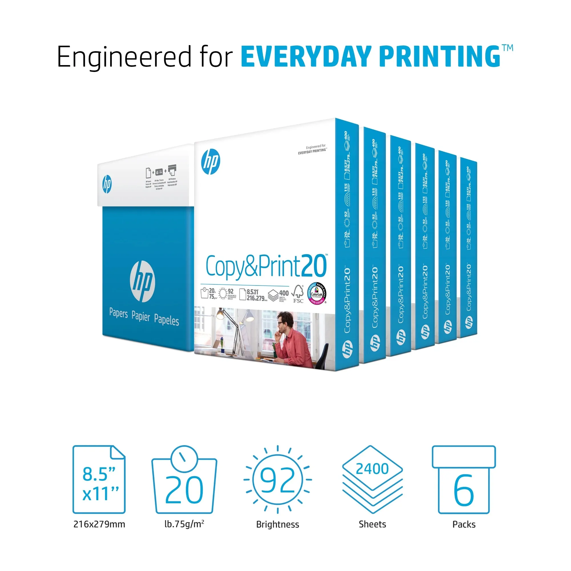 Printer Paper - Copy and Print, 20 lb., 8.5" x 11", 2,400 Sheets, 6 Pack, White