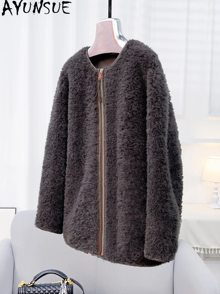 AYUNSUE 2025 Zima 100% Naturalna Wełna Damska Kurtka Modna Kurtka z Granulowanego Futra Jagnięcego Odzież Damska Wysokiej Jakości Abrigo Mujer